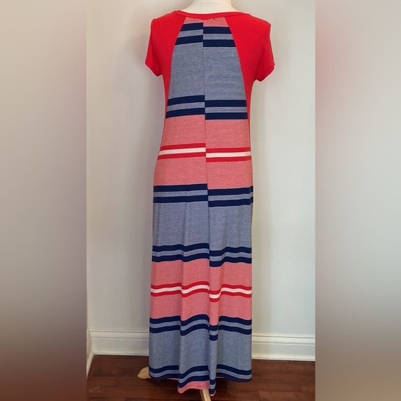 Chris & Carol Striped Red White Navy Short Sleeve Casual Long Maxi Dress Size S - Picture 7 of 10